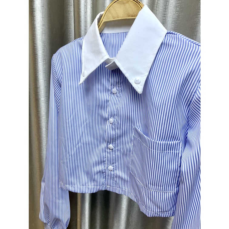 Áo Sơ Mi Crop-Top Kẻ Sọc Trắng Xanh