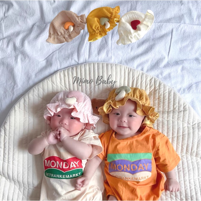 Mũ tai bèo vải xô muslin đính cây nấm, gấu xù siêu đáng yêu cho bé MH139 Mimo Baby