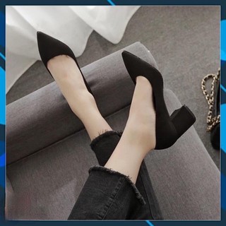 Giày cao gót 7 phân mũi nhọn Annmodels gót vuông chất liệu xi nỉ êm mềm_NAMSGXL