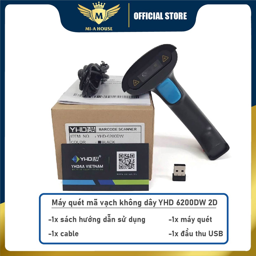 Máy bắn mã vạch không dây YHD 6200DW 2D, Máy quét mã vạch Barcode(1D) Qrcode(2D), Đầu đọc mã vạch dùng trên Laptop, PC