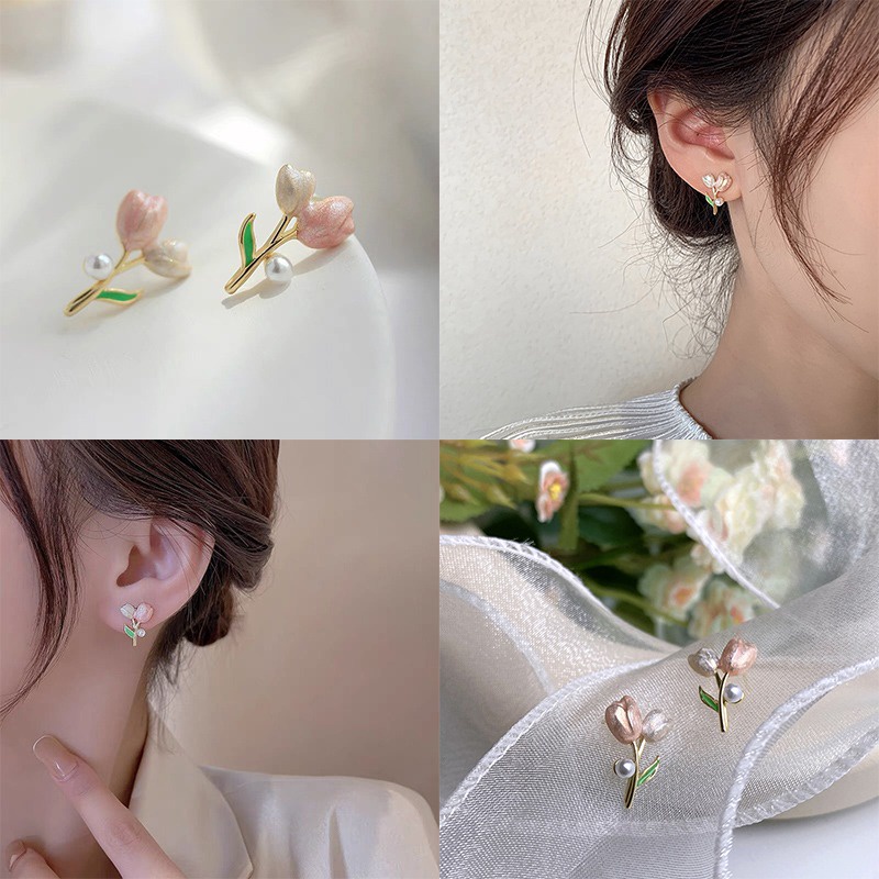 Bông Tai Mạ Bạc Hình Hoa Tulip Đính Ngọc Trai Thời Trang Mùa Hè Phong Cách Hàn Quốc Mới Cho Nữ