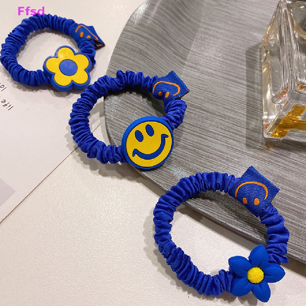 {Ffsd} Dây Buộc Tóc Cao Su Co Giãn Mặt Cười Màu Xanh Dương Làm Bằng Tay Hàn Quốc Cho Nữ * Bán Chạy