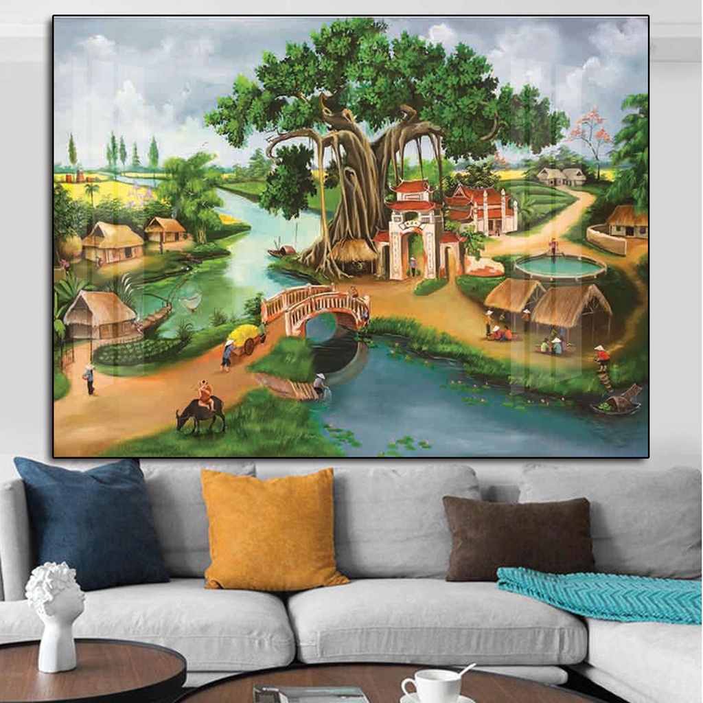 Tranh Treo Tường Đồng Quê Cây Đa Giếng Nước Sân Đình/ Tranh Treo Tường Phòng Khách Trang Trí Nhà Cửa/ Tranh Tráng Gương
