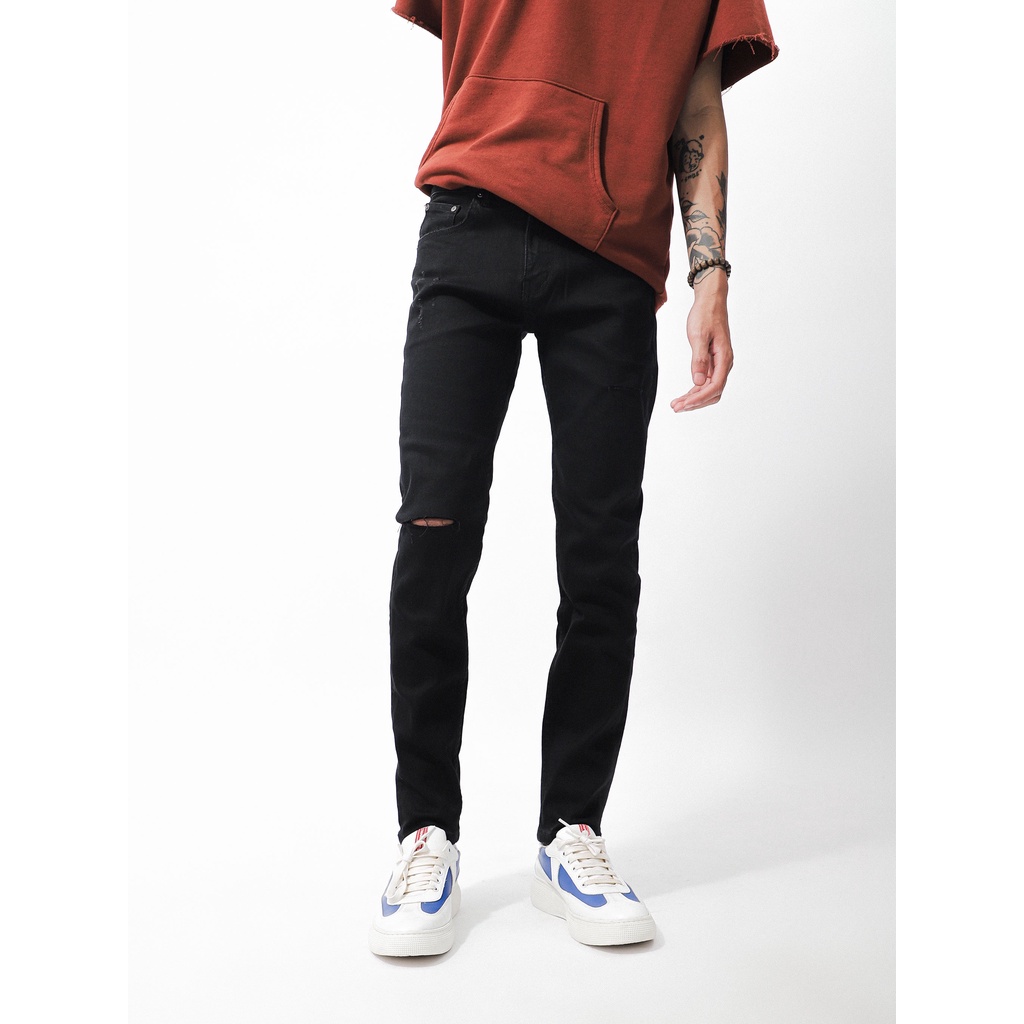 Quần jean đen wash cào rách gối DEFOXX form slimfit - Quần jeans nam cao cấp 220631 | LA STORE MENSWEAR