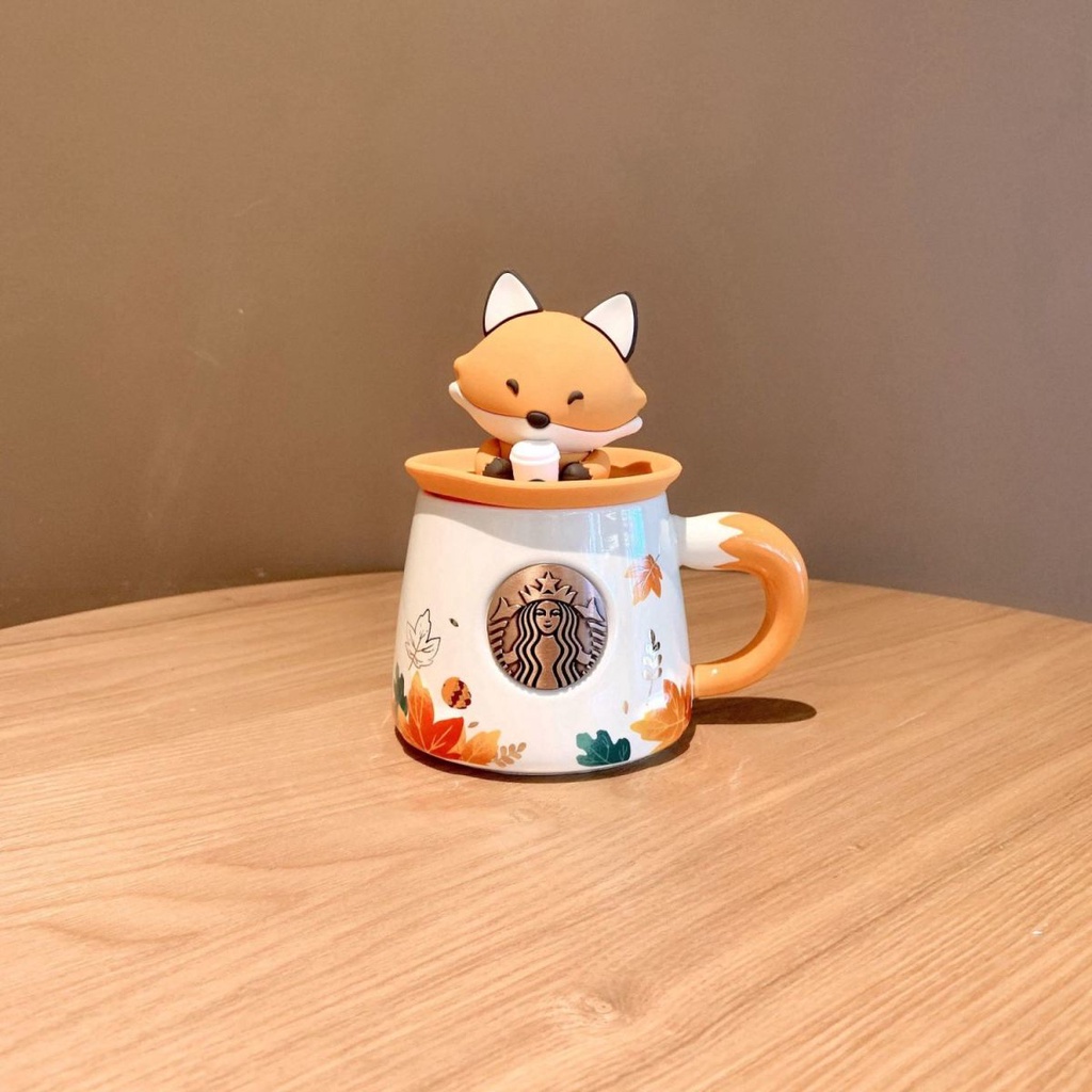 Cốc Uống Nước Starbucks Hình Cáo Lá Phong Dễ Thương Có Nắp Đậy Tiện Dụng