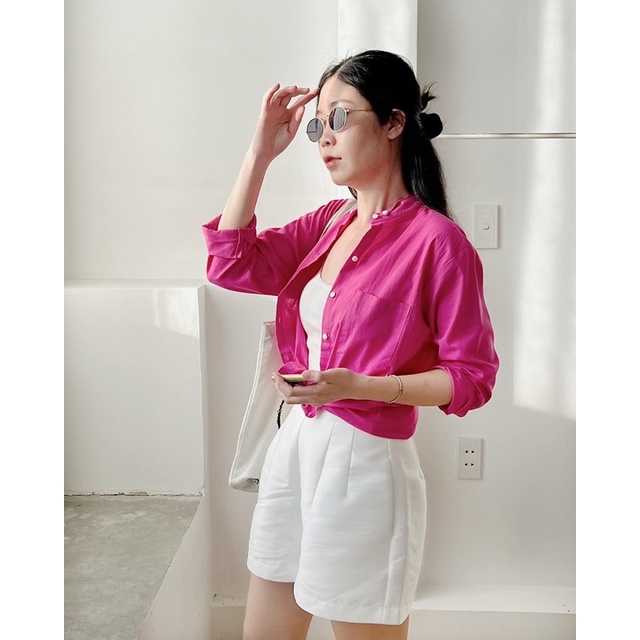 Áo sơ mi nữ cổ trụ tàu form rộng RUCHAN tay dài linen kiểu dáng oversize basic có cổ thiết kế nhiều màu thời trang