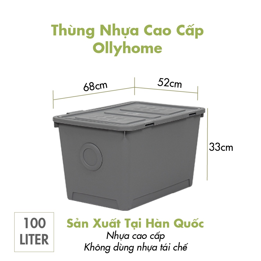 Thùng đựng đồ có nắp Ollyhome, Thùng nhựa đựng đồ đa năng  size to dung lích 100L 2 màu phong cách Hàn Quốc