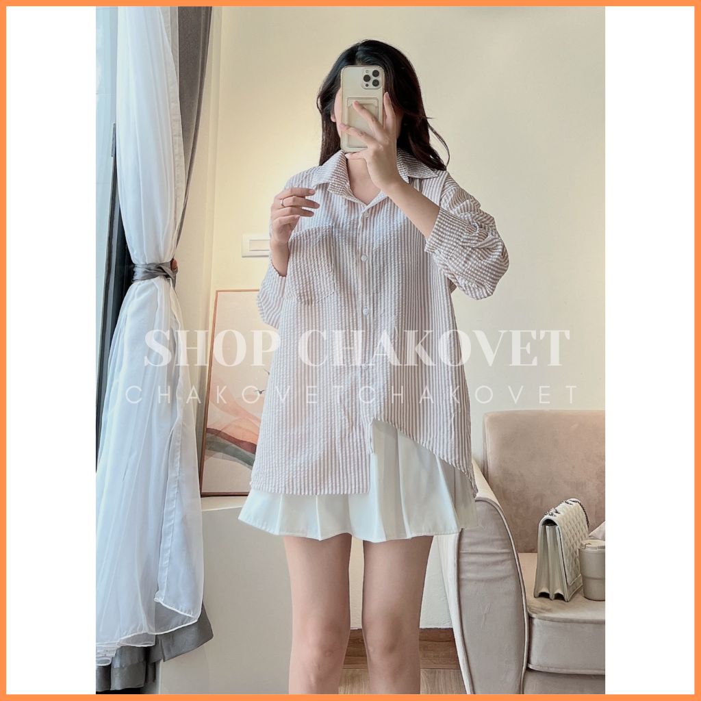 Áo Sơ Mi Kẻ Sọc Vạt Lệch Tiểu Thư A8431 Áo Đũi Xốp Xẻ Lưng Phong Cách Vintage Hàn Quốc Đi Chơi Cực Xinh Xắn Cá Tính