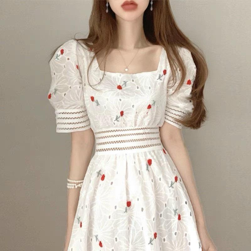 Đầm midi xô trắng thêu hoa đỏ💖 KÈM ẢNH THẬT