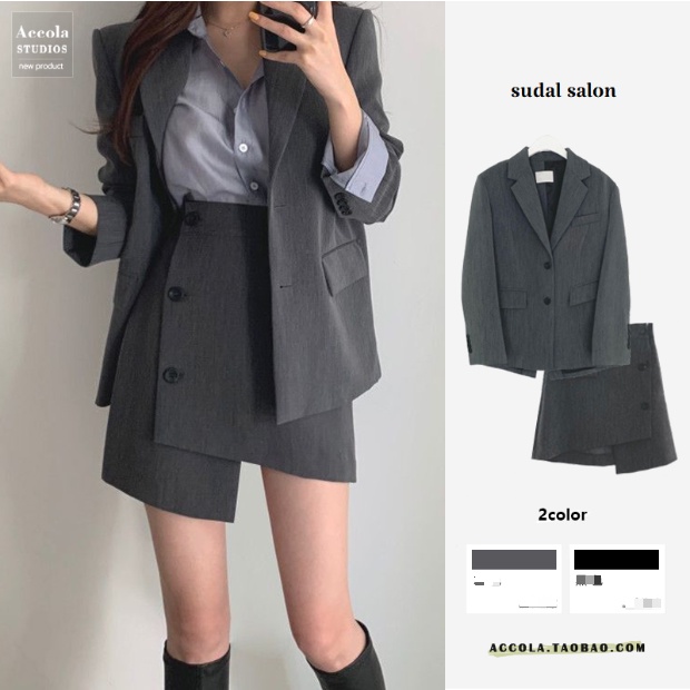 (ORDER) Set áo khoác vest blazer màu ghi xám + Chân váy A-line cài lệch khuy chéo vạt style công sở Hàn Quốc