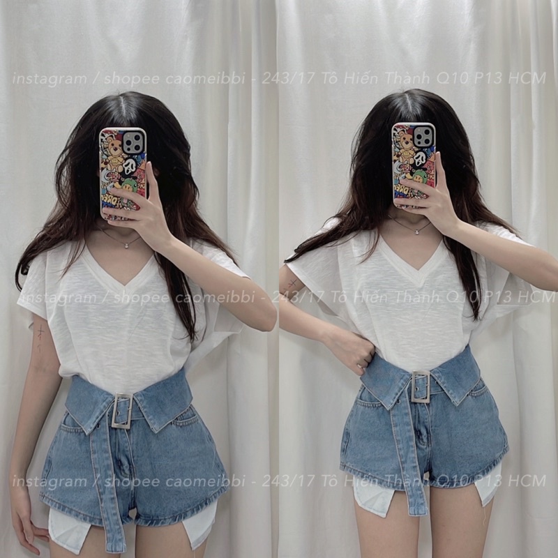 Áo Thun Cổ V - Quần Short Jean Dây Đai Dài