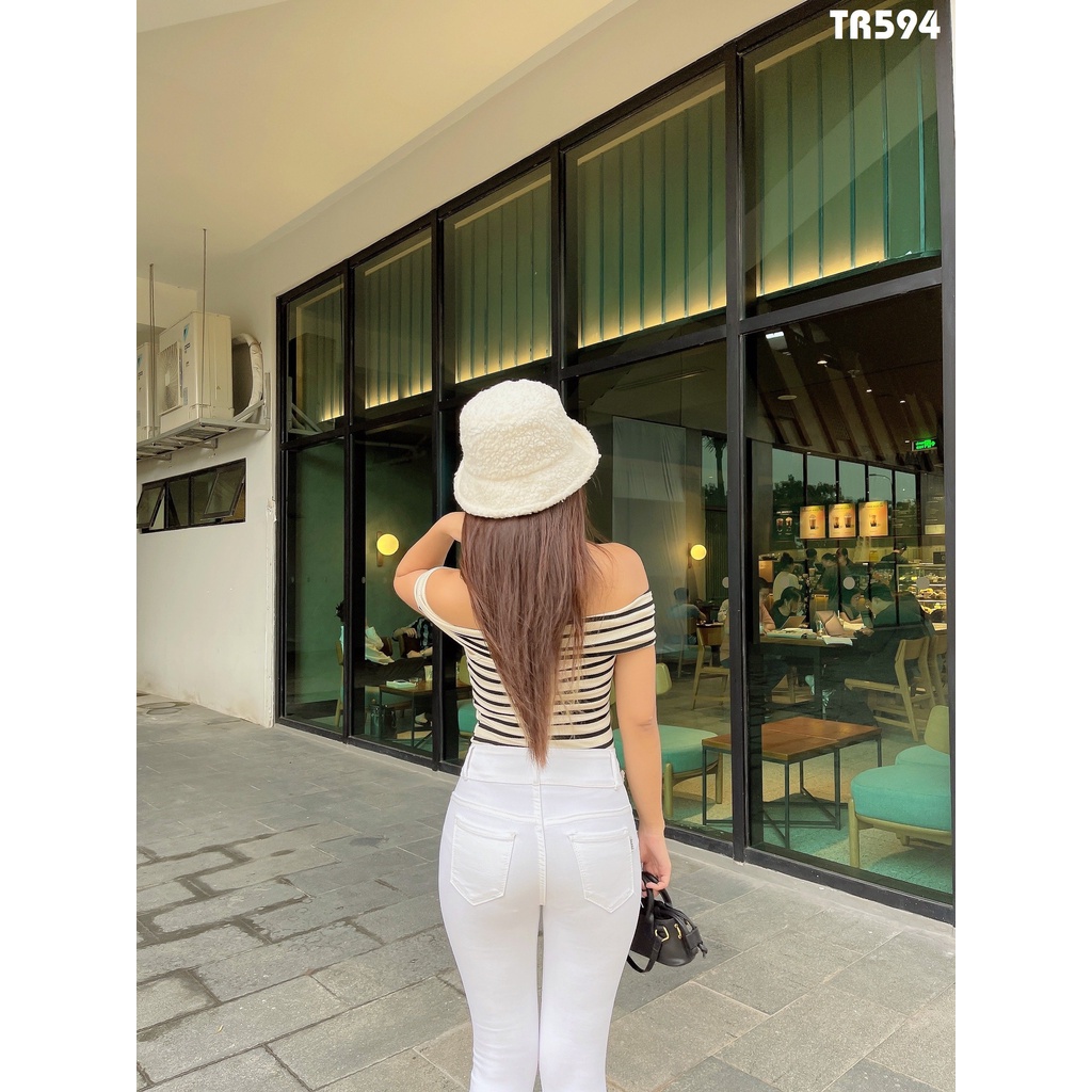 Quần jean nữ lưng cao 2 nút trắng co giãn dày dặn Tr594