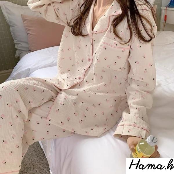 Đồ Bộ Pijama Dài Tay Chất Lụa Họa Tiết Hoa Nhí Mềm Mại Phong Cách Hàn Quốc-BND21