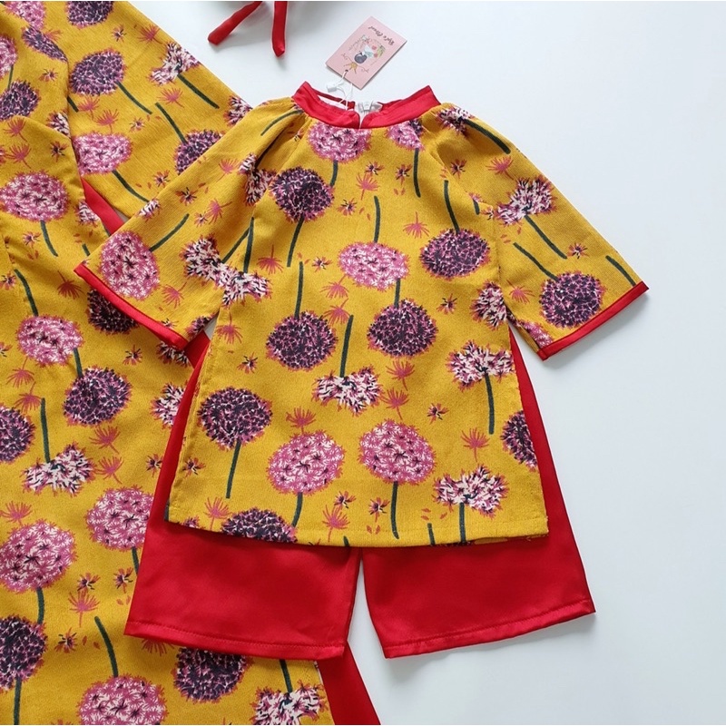 Áo Dài Cách Tân Nhung Tăm Phối Đỏ Cao Cấp Kèm Mấn Cho Mẹ Và Bé 4-64kg