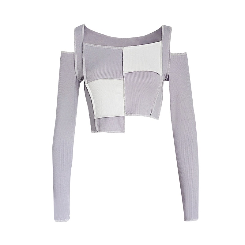 Hum patchwork t-shirt phụ nữ dài tay thời trang mùa hè slim crop top áo thun dài tay