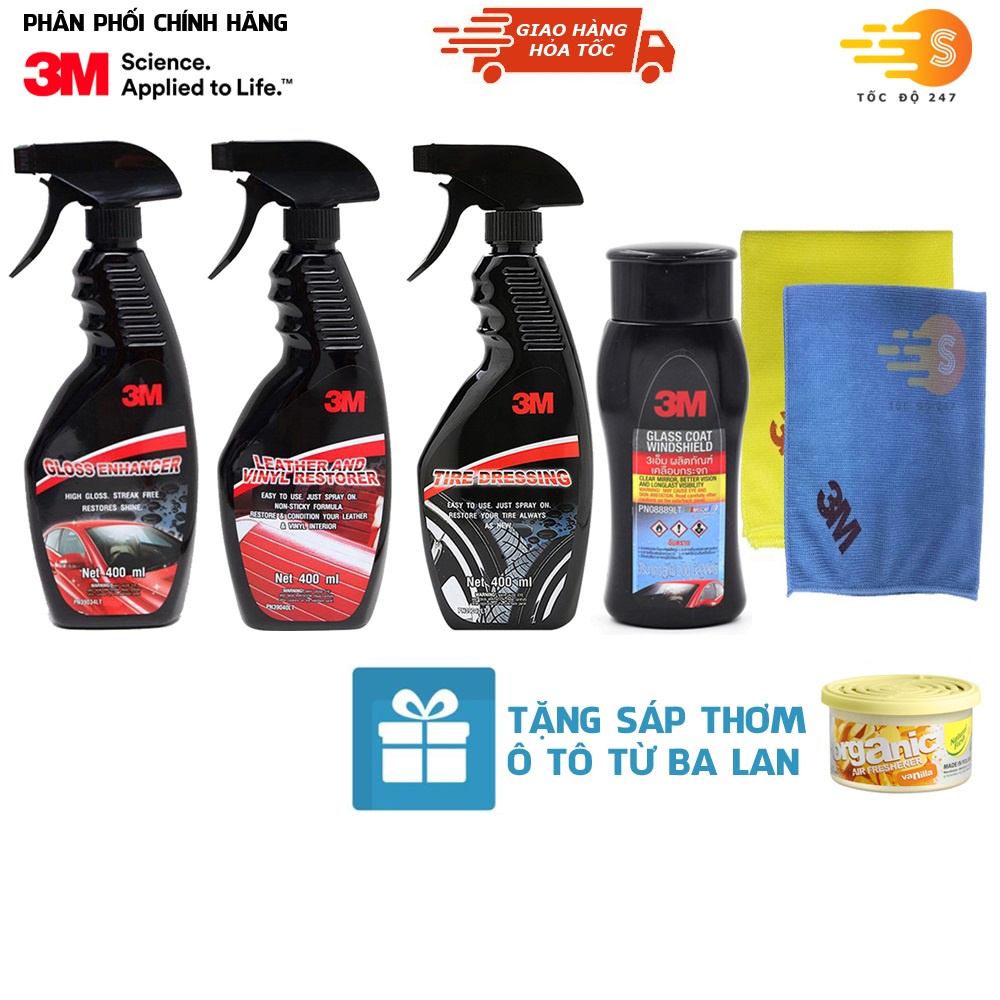 Bộ 5 bảo dưỡng xe 3M bão dưỡng nội thất, lốp xe, bóng sơn, chống bám nước kính và khăn lau chuyên dụng - tặng sáp thơm