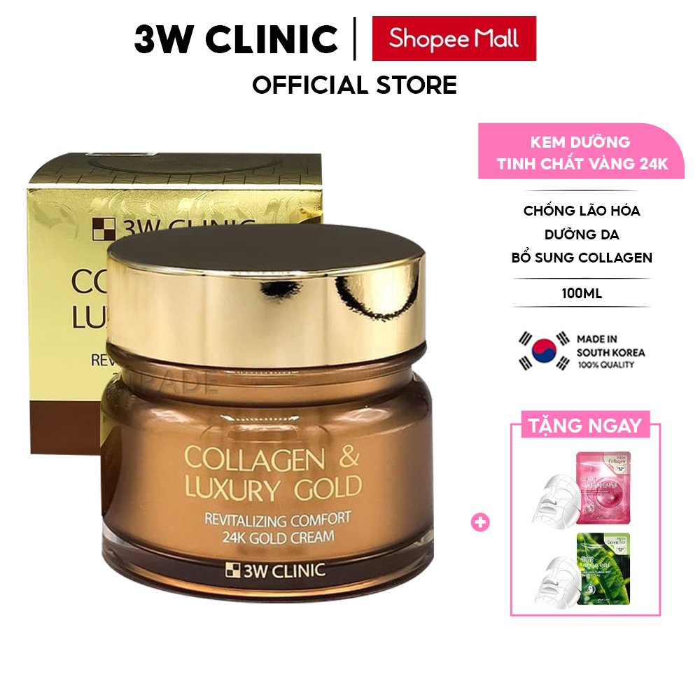 Kem Dưỡng Trắng Da Ngừa Lão Hoá Tinh Chất Vàng 24K 3W Clinic Hàn Quốc Collagen & Luxury 24K Gold Cream 100ml