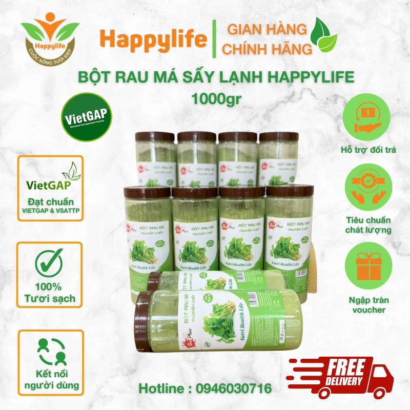 Bột Rau Má Nguyên Chất Sấy Lạnh Happylife hộp 500g - Thanh nhiệt tốt, thải độc mát gan, detox cơ thể, đắp mặt nạ đẹp da