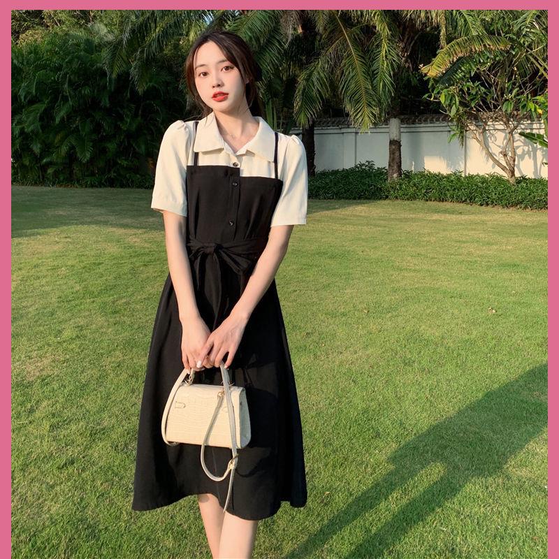 Váy babydoll Đầm Sơ Mi Giả Hai Mảnh Dáng Dài Qua Gối Phong Cách Hepburn Pháp Cổ Điển Thời Trang Mùa Hè 2022 Mới