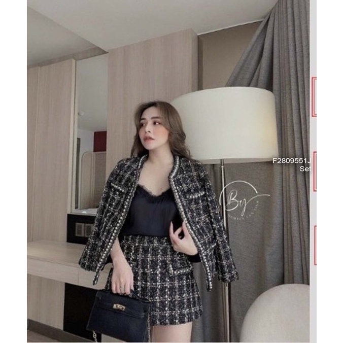 Set dạ xinh đẹp cực kẻ áo khoác tay dài váy đẹp