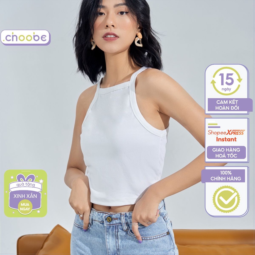 Áo croptop nữ Choobe ba lỗ dây cổ yếm thun không tay kiểu ôm body tank top vải cotton co giãn tốt A61