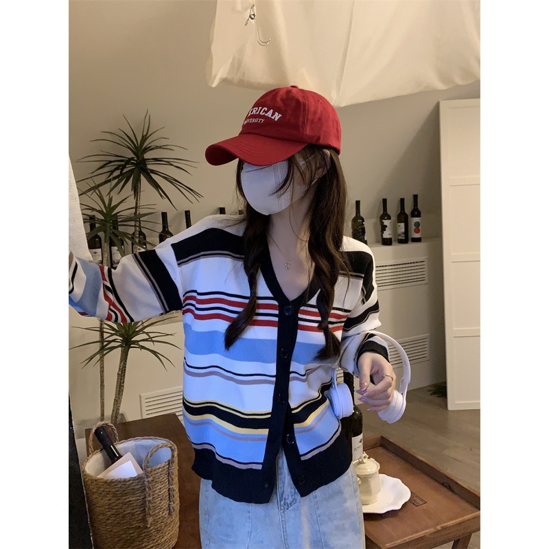 Áo khoác cardigan ZHELIHANGFEI dệt kim tay dài cổ chữ V lưng cao họa tiết kẻ sọc cầu vồng thời trang