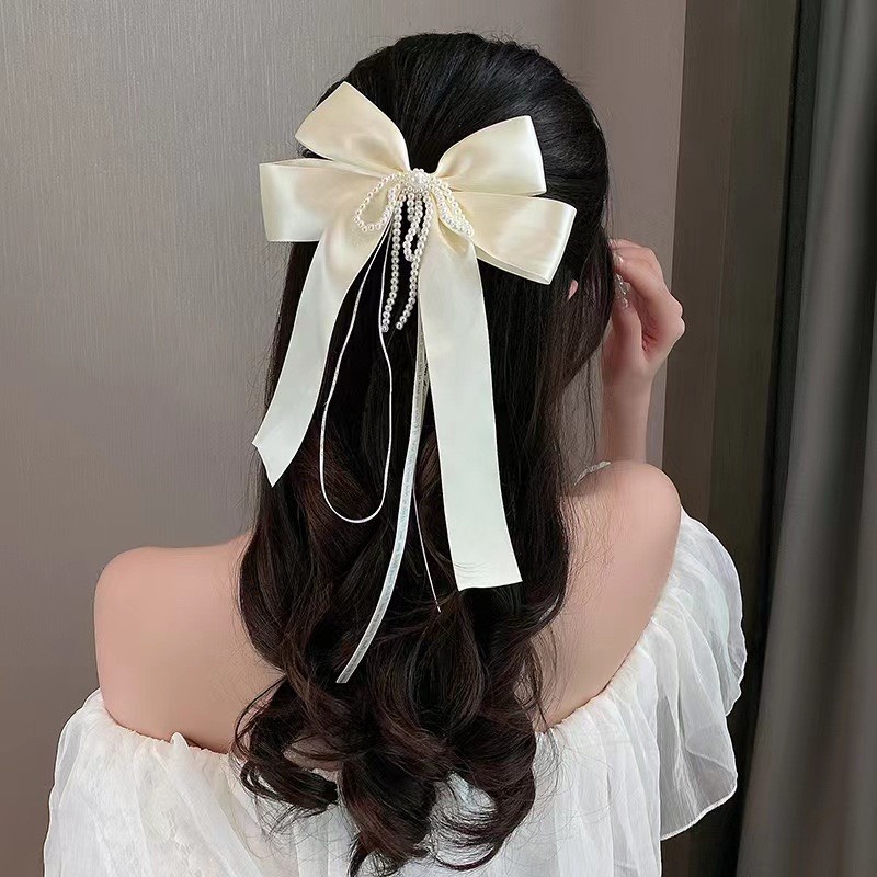 Kẹp tóc nơ đính ngọc trai nhân tạo phong cách Hàn Quốc mã K1