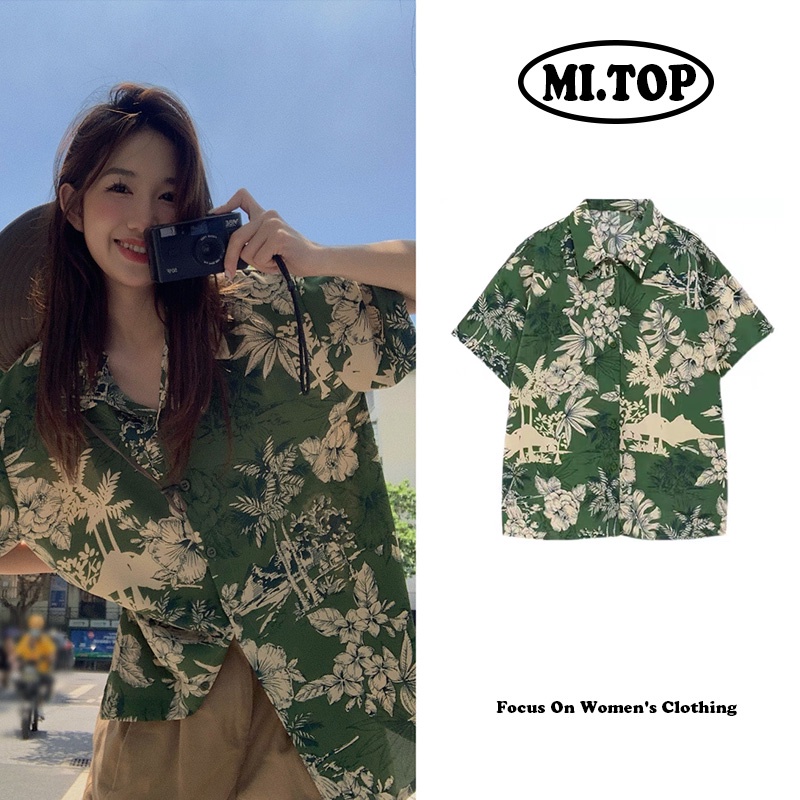 Áo Sơ Mi Tay Ngắn Dáng Rộng In Hoa Kiểu Retro Xinh Xắn Cho Nữ