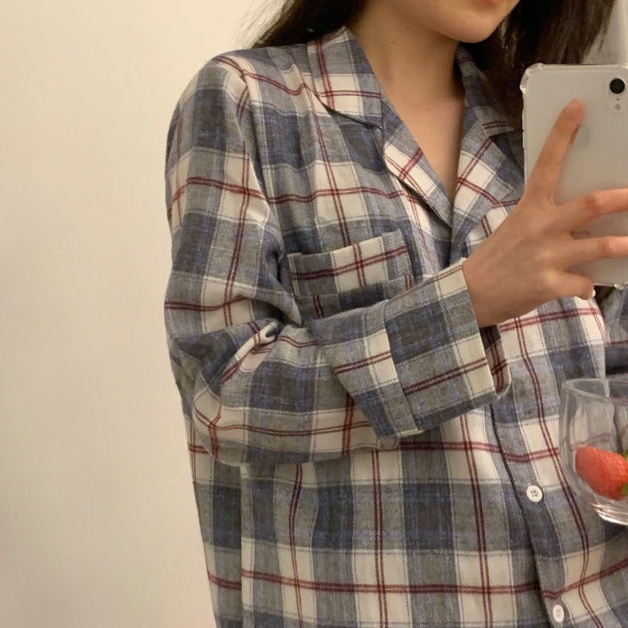 Bộ Đồ Ngủ Dài Tay Họa Tiết Kẻ Ô Vuông Đơn Giản Phong Cách Mới Cho Nữ