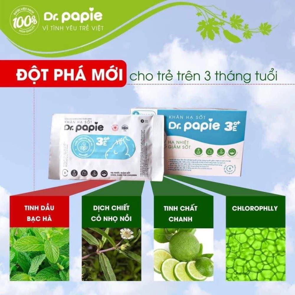 Khăn lau hạ sốt Dr Papie cho bé từ 3 tháng tuổi hạ nhiệt giảm sốt làm mát da ngừa côn trùng đốt