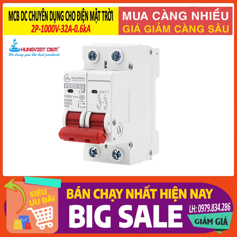 Aptomat MCB DC 2P 32A 1000VDC chuyên dùng trong hệ thống điện mặt trời (hãng Vaneims)