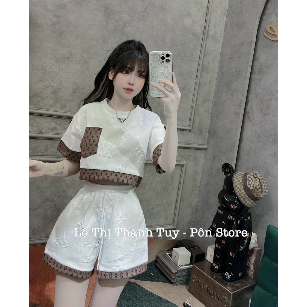 Sét Bộ 2 Món Nữ Cao Cấp, Áo Cổ Tròn Phối Viền Chất Bố Dập Nổi Hàng Chuẩn Shop, Đồ Bộ Nữ Cá Tính Phối Quần Lưng Cao HOT