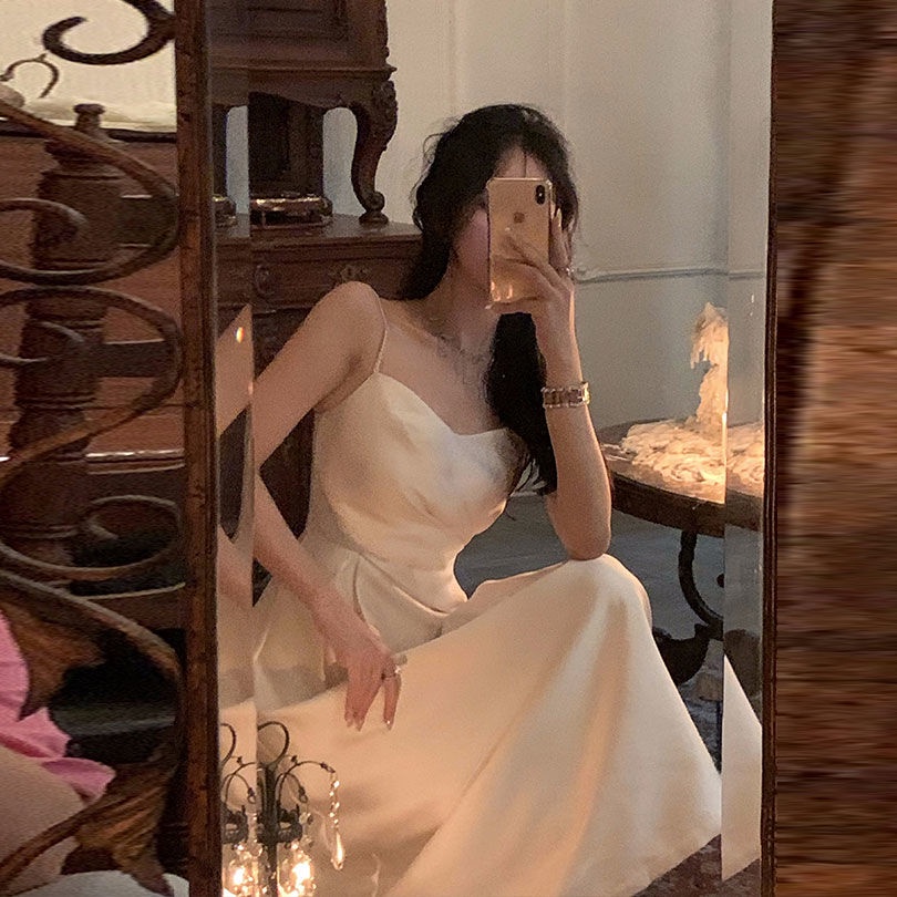 Đầm Hai Dây Dáng Dài Chiết Eo Thời Trang Mùa Hè Pháp Thanh Lịch Cho Nữ