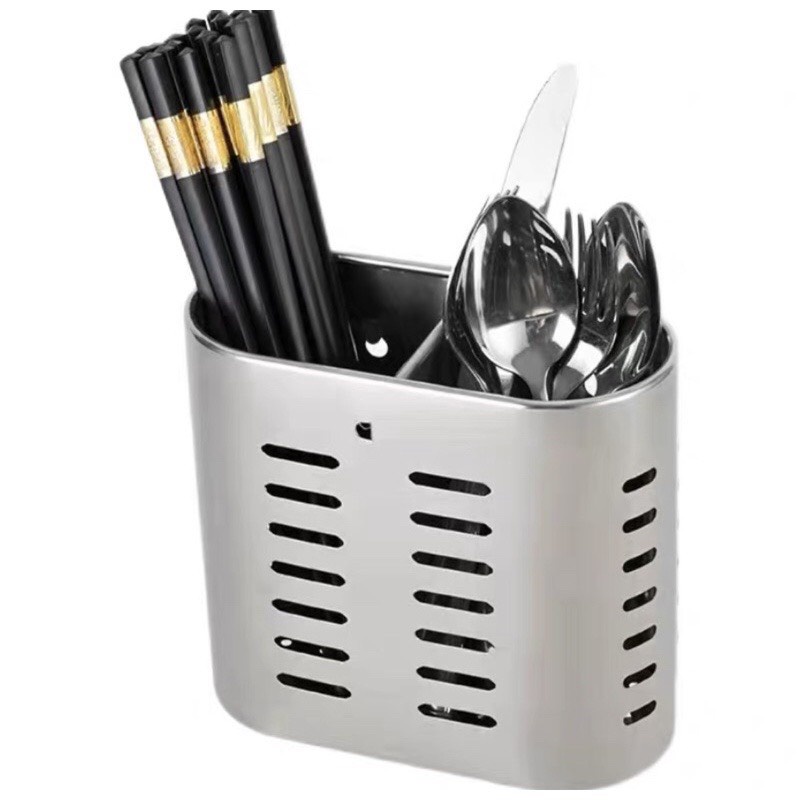 Ống cắm đũa bằng inox hình bầu dục 2 ngăn kèm miếng dán siêu chắc TH