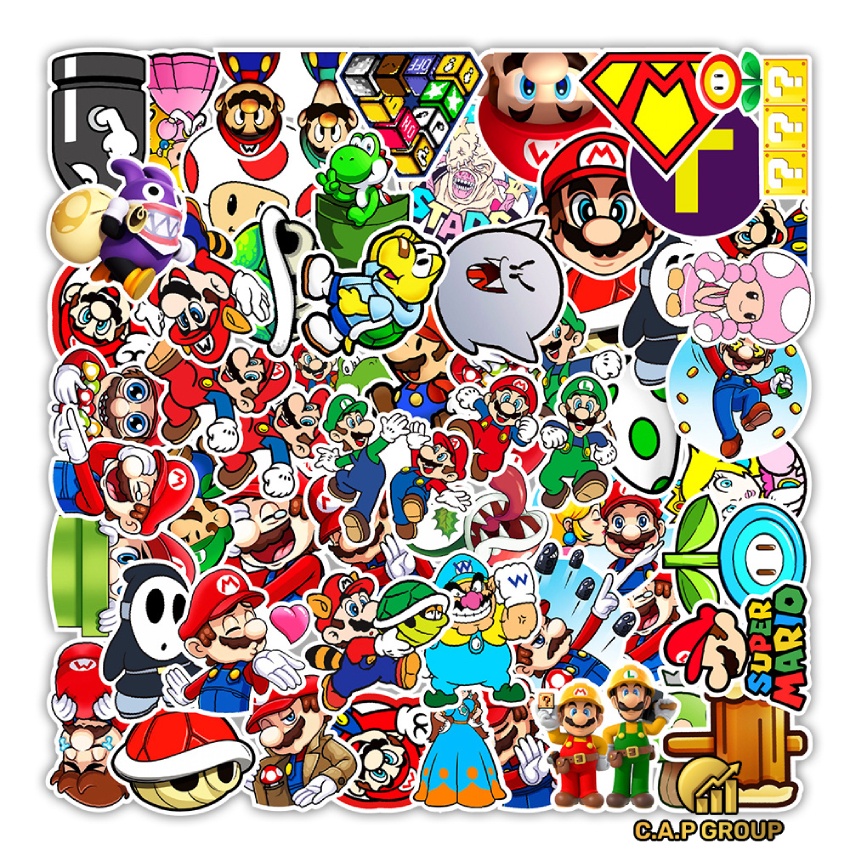 Set 50 hình dán Sticker Super Mario chống nước dán mũ bảo hiểm laptop xe máy