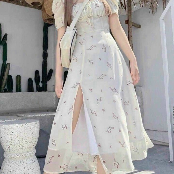 Đầm Nữ dự tiệc MiDi,váy hoa nhí cổ vuông tay bồng xẻ tà - tơ xốp mịn (full 2 lớp) hẹ nhàng sang chảnh thời trang MP