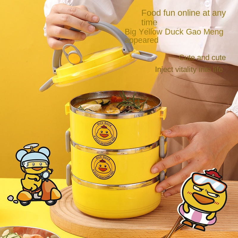Hộp Cơm Trưa Ba Tầng Cách Nhiệt Bằng Thép Không Gỉ 304 Hình Vịt Vàng Nhỏ Xinh