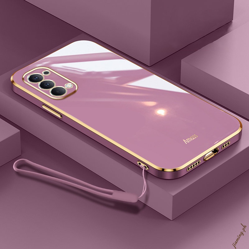 Ốp Điện Thoại Silicon Mềm Viền Thẳng 6D Chất Lượng Cao Có Dây Đeo Cho OPPO Reno 4 4G Sự Bảo Vệ