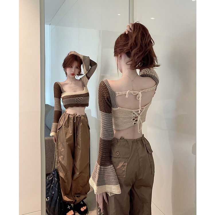 ▪♙Áo Croptop Dệt Kim Tay Dài Chống Nắng Họa Tiết Sọc Caro Màu Tương Phản Phong Cách Hàn Quốc Cho Nữ