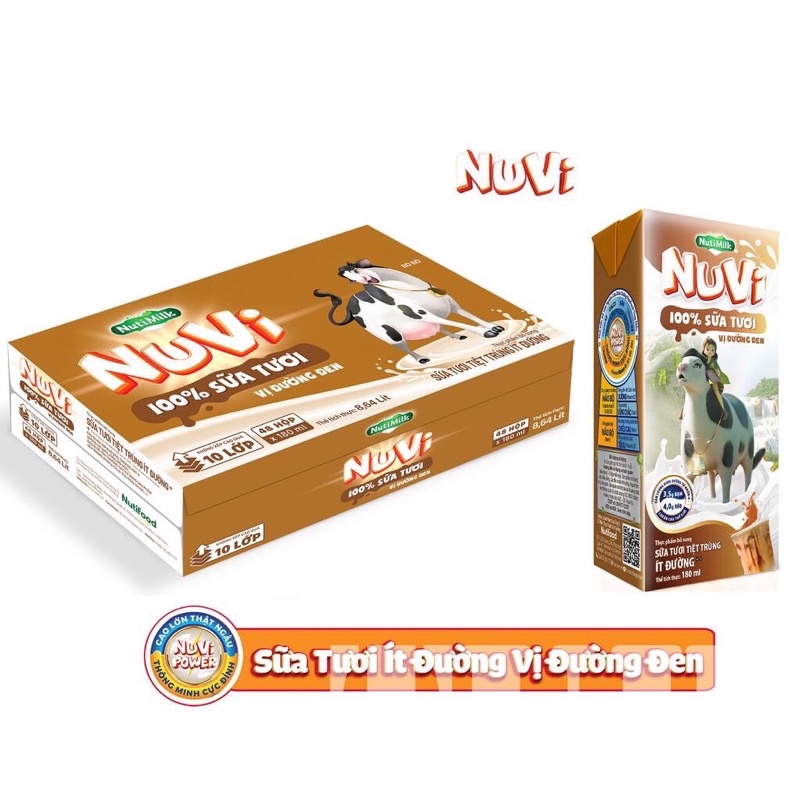 Lốc 4 hộp sữa Nuvi ít đường vị đường đen 180ml - date mới, chính hãng
