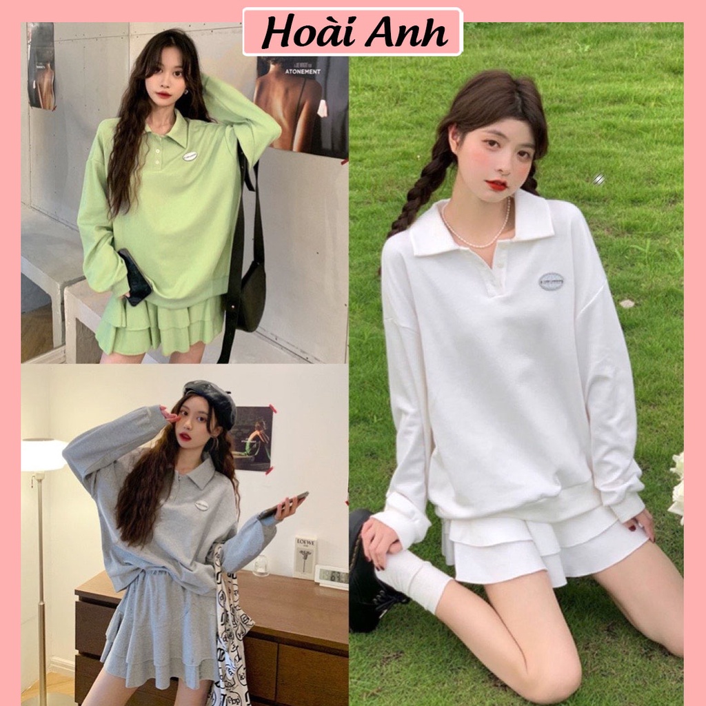 Set Bộ Nữ Áo Polo Cổ Bẻ Logo Dài Tay Mix Chân Váy Xòe 2 Tầng Vài Thun Tổ Ong Freesize Form Rộng
