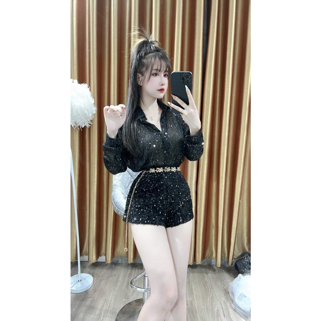 SET LOẠI 1 hotgirl sexy đi tiệc bar quần đùi short kim sa áo sơ mi tay dài trend lấp lánh