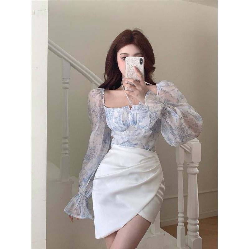 Áo chiffon Trễ Vai Họa Tiết Hoa + Chân Váy Lưng Cao Màu Trắng / Xanh Dương Chất Liệu satin Cao Cấp Thời Trang