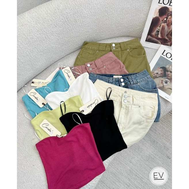 CHÂN VÁY JEANS TRƠN + ÁO THUN TĂM 2 DÂY LOẠI 1 MS30019