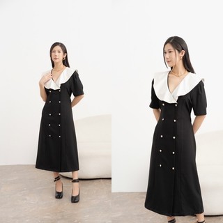 Váy phối cổ lụa kèm belt cúc ngọc lên dáng trẻ trung và rất sang