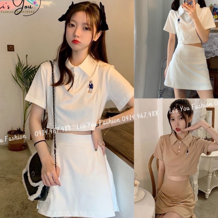 Set áo croptop chân váy hình thêu ngộ nghĩnh