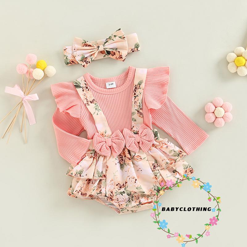 Set 2 Món Áo Thun Tay Dài & Váy Yếm In Hoa & Băng Đô Quấn Đầu Cho Bé Gái