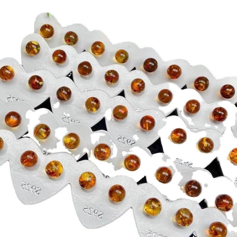 Khuyên Tai Tròn Bằng Bạc sterling Đính Đá Hổ Phách Tự Nhiên