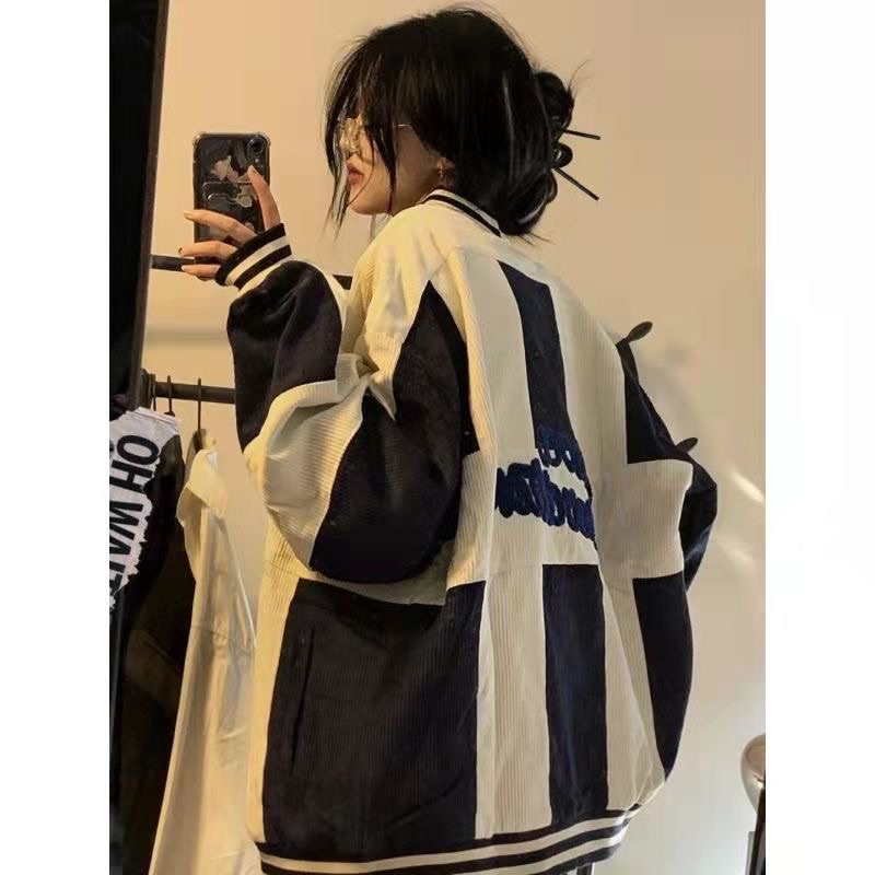 Áo khoác bóng chày, áo bomber kẻ nhung chữ thêu 2 lớp lót gió thời trang nam nữ doulbeh.store