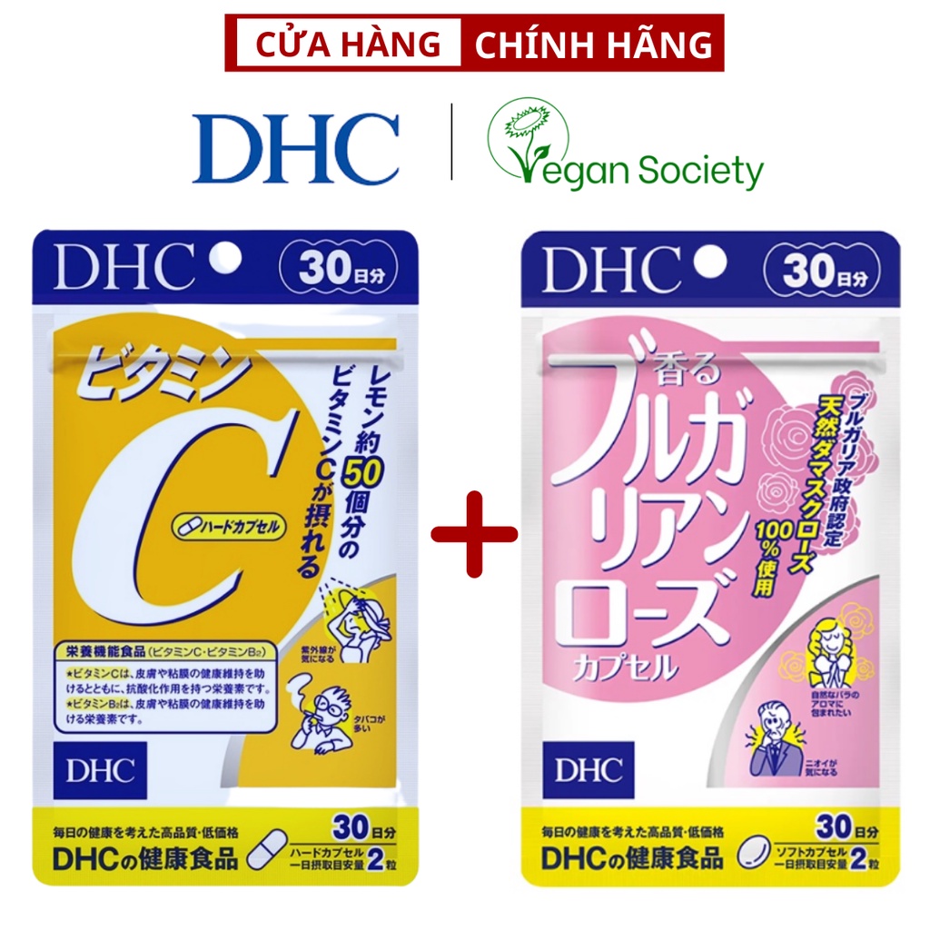 Combo viên uống DHC sáng da, giảm mụn, ngát hương hoa hồng ( Vitamin C 30 ngày - 60 viên , Rose 30 ngày - 60 viên )